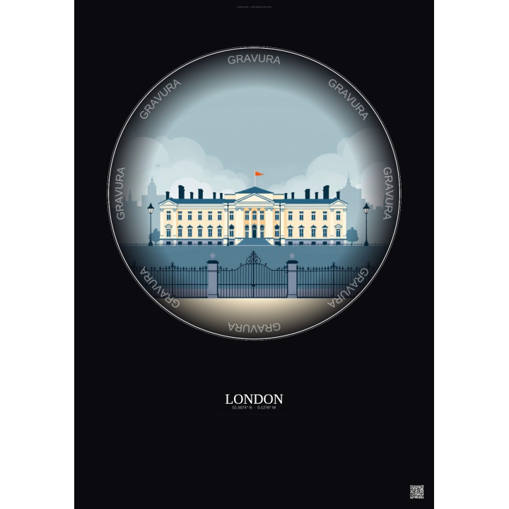 Affiche London – Poster illustration vintage – Buckingham Palace | Gravura – Fond foncé