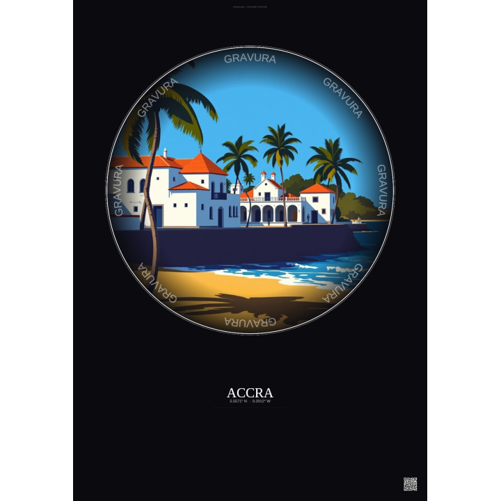 Affiche Accra – Poster illustration vintage – Accra | Gravura – Fond foncé
