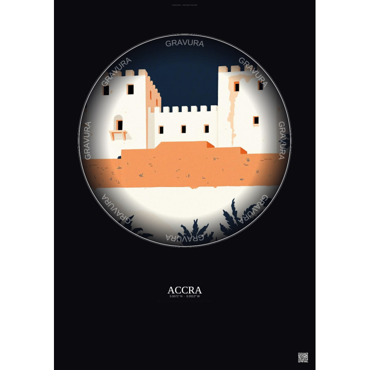 Affiche Accra – Poster illustration vintage – Fort James | Gravura – Fond foncé