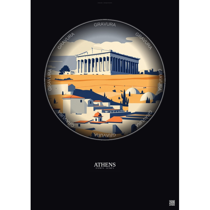 Affiche Athens – Poster illustration vintage – Athens | Gravura – Fond foncé