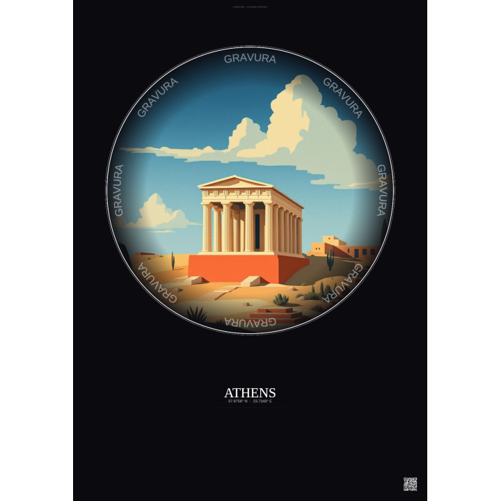 Athens Vintage Travel Poster – Hekatompedon Temple | Gravura – Dark background