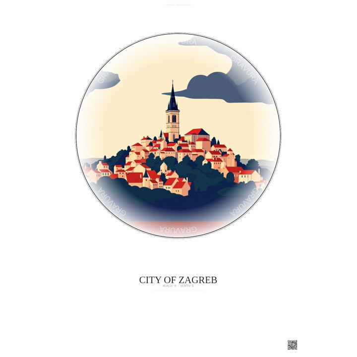 Affiche City Of Zagreb – Poster illustration vintage – Famous Viewpoint Of City Of Zagreb | Gravura – Fond clair
