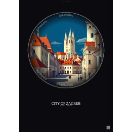 Affiche City Of Zagreb – Poster illustration vintage – Historic Old Town Of City Of Zagreb | Gravura – Fond foncé
