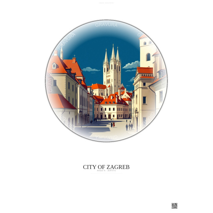 Affiche City Of Zagreb – Poster illustration vintage – Historic Old Town Of City Of Zagreb | Gravura – Fond clair