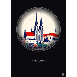 City Of Zagreb Vintage Travel Poster – Most Iconic Landmark Of City Of Zagreb | Gravura – Dark background