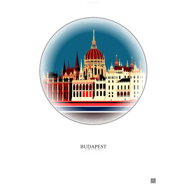 Affiche Budapest – Poster illustration vintage – Hungarian Parliament Building | Gravura – Fond clair