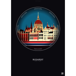 Budapest Vintage Travel Poster – Hungarian Parliament Building | Gravura – Dark background