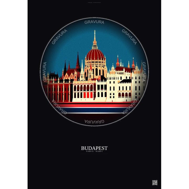 Affiche Budapest – Poster illustration vintage – Hungarian Parliament Building | Gravura – Fond foncé