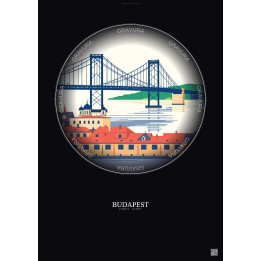 Affiche Budapest – Poster illustration vintage – Szechenyi Chain Bridge | Gravura – Fond foncé