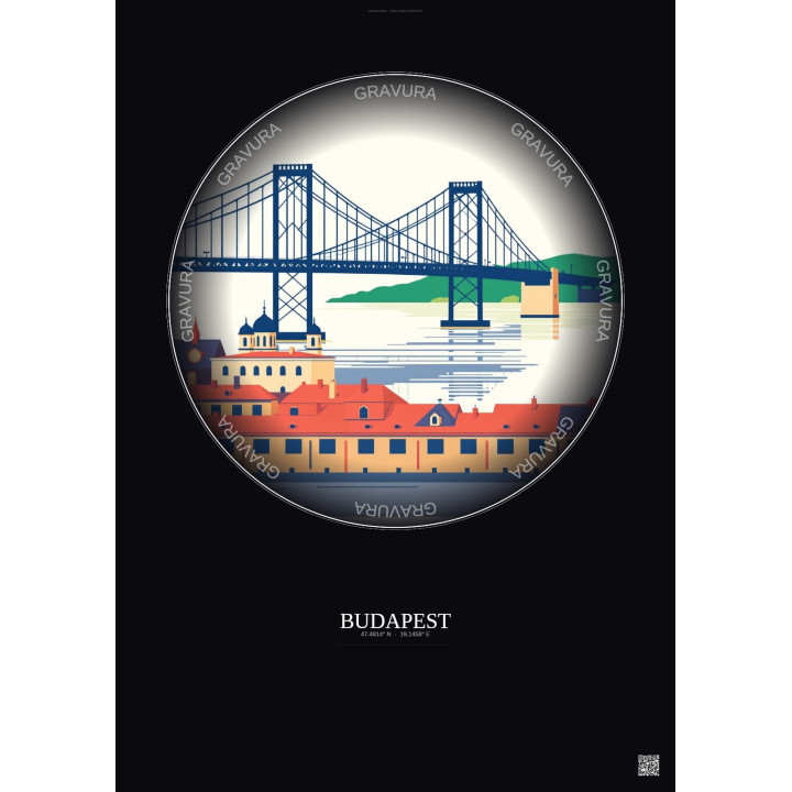 Affiche Budapest – Poster illustration vintage – Szechenyi Chain Bridge | Gravura – Fond foncé