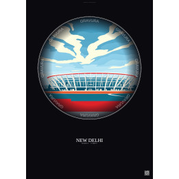 New Delhi Vintage Travel Poster – Jawaharlal Nehru Stadium | Gravura – Dark background