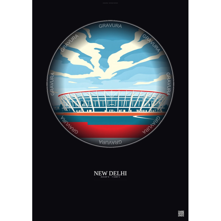 Affiche New Delhi – Poster illustration vintage – Jawaharlal Nehru Stadium | Gravura – Fond foncé