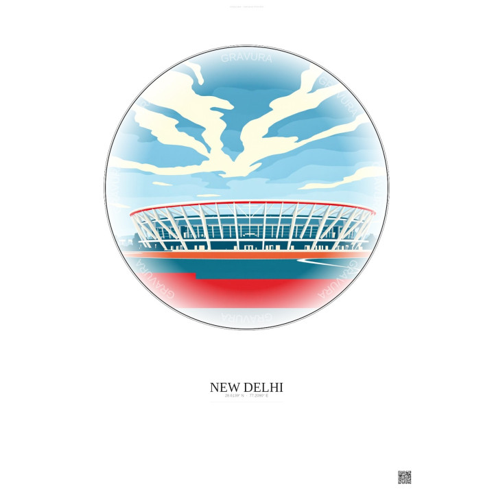 Affiche New Delhi – Poster illustration vintage – Jawaharlal Nehru Stadium | Gravura – Fond clair