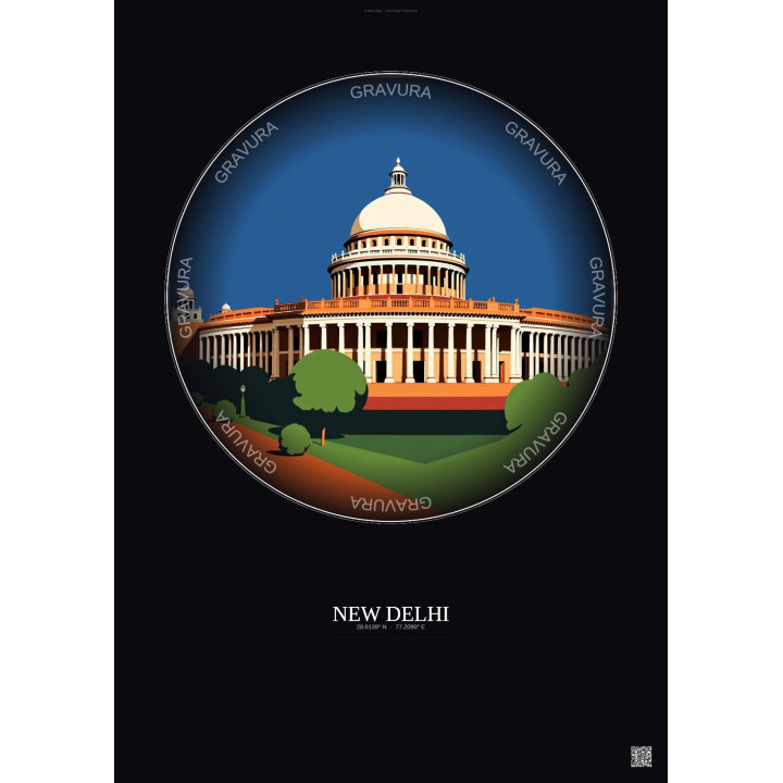 Affiche New Delhi – Poster illustration vintage – Old Parliament House | Gravura – Fond foncé