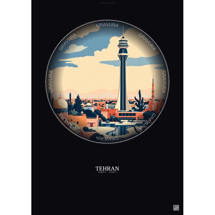 Affiche Tehran – Poster illustration vintage – Milad Tower | Gravura – Fond foncé