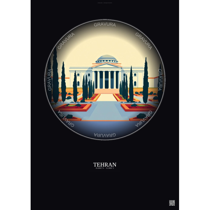 Affiche Tehran – Poster illustration vintage – University Of Tehran | Gravura – Fond foncé