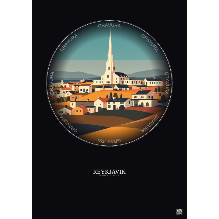 Reykjavik Vintage Travel Poster – Famous Viewpoint Of Reykjavik | Gravura – Dark background