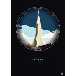 Reykjavik Vintage Travel Poster – Most Iconic Landmark Of Reykjavik | Gravura – Dark background