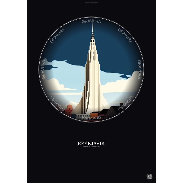 Reykjavik Vintage Travel Poster – Most Iconic Landmark Of Reykjavik | Gravura – Dark background
