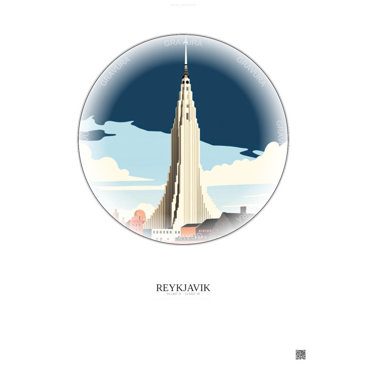 Reykjavik Vintage Travel Poster – Most Iconic Landmark Of Reykjavik | Gravura – Light background
