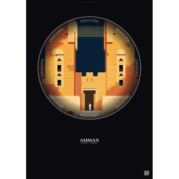 Amman Vintage Travel Poster – Qasr Mshatta | Gravura – Dark background