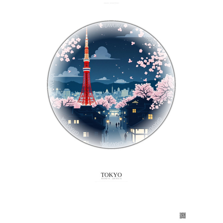 Tokyo Vintage Travel Poster – Tokyo Tower | Gravura – Light background