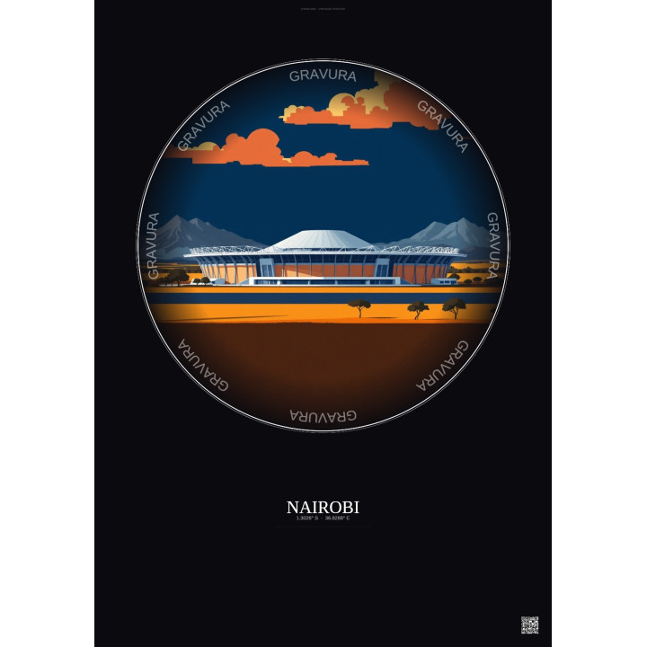 Affiche Nairobi – Poster illustration vintage – Moi International Sports Centre | Gravura – Fond foncé