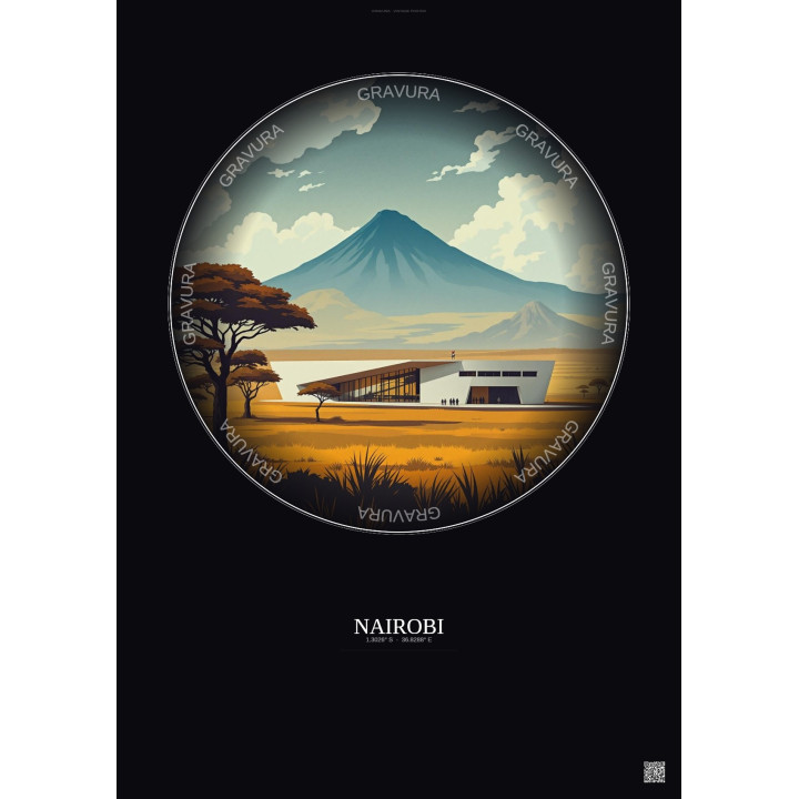 Affiche Nairobi – Poster illustration vintage – National Museums Of Kenya | Gravura – Fond foncé