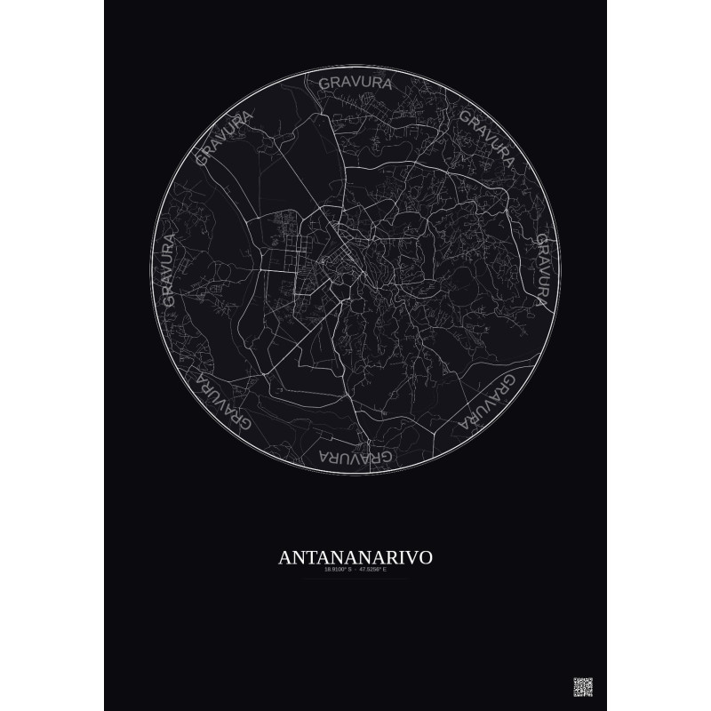 Affiche Antananarivo – Poster carte de ville 6km | Gravura – Fond foncé