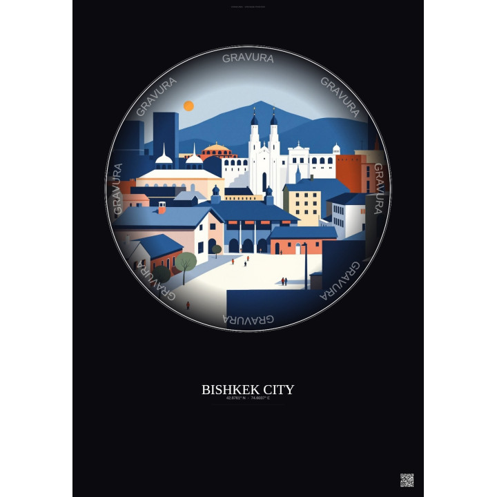 Bishkek City Vintage Travel Poster – Historic Old Town Of Bishkek City | Gravura – Dark background