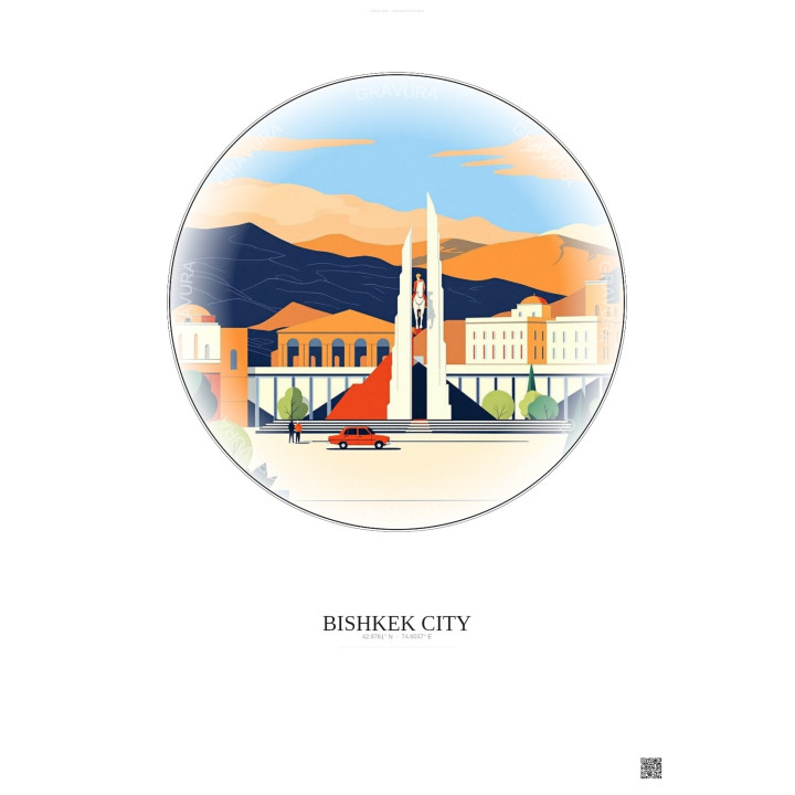 Bishkek City Vintage Travel Poster – Most Iconic Landmark Of Bishkek City | Gravura – Light background