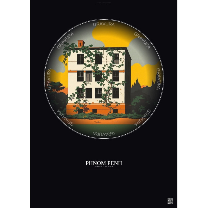 Phnom Penh Vintage Travel Poster – Tuol Sleng Torture Center | Gravura – Dark background