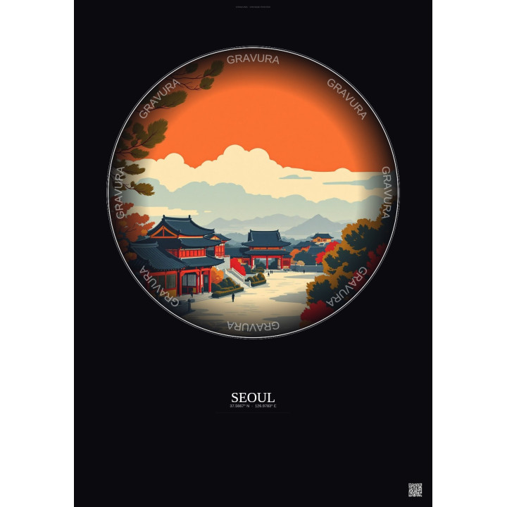 Affiche Seoul – Poster illustration vintage – Changdeokgung | Gravura – Fond foncé