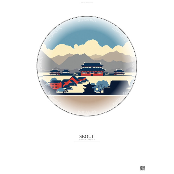 Affiche Seoul – Poster illustration vintage – Gyeongbokgung | Gravura – Fond clair