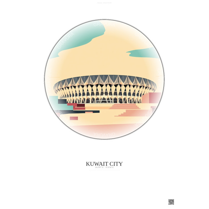 Affiche Kuwait City – Poster illustration vintage – Jaber Al Ahmad International Stadium | Gravura – Fond clair