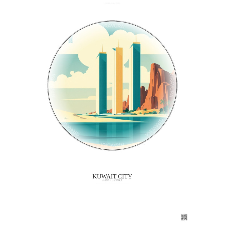 Affiche Kuwait City – Poster illustration vintage – Kuwait Towers | Gravura – Fond clair
