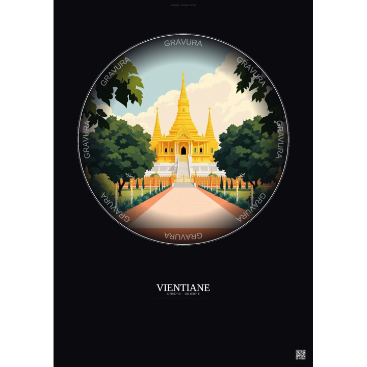 Affiche Vientiane – Poster illustration vintage – Haw Phra Kaew | Gravura – Fond foncé