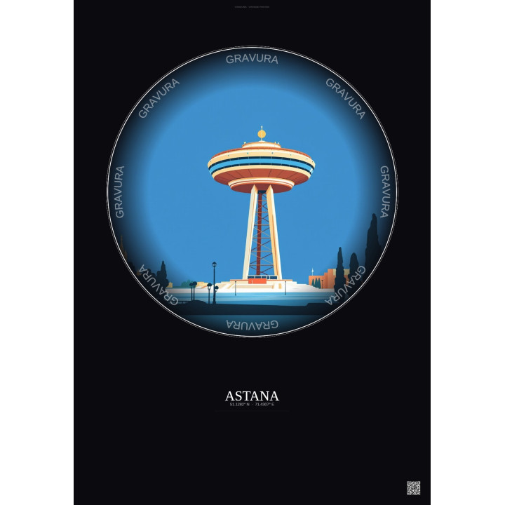Affiche Astana – Poster illustration vintage – Bayterek | Gravura – Fond foncé