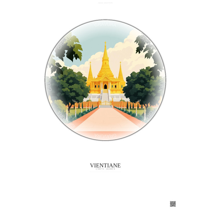 Affiche Vientiane – Poster illustration vintage – Haw Phra Kaew | Gravura – Fond clair