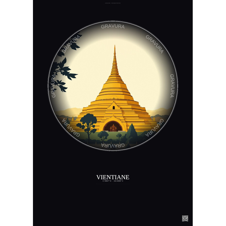 Vientiane Vintage Travel Poster – Pha That Luang | Gravura – Dark background