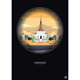 Affiche Vientiane – Poster illustration vintage – Wat Si Muang | Gravura – Fond foncé