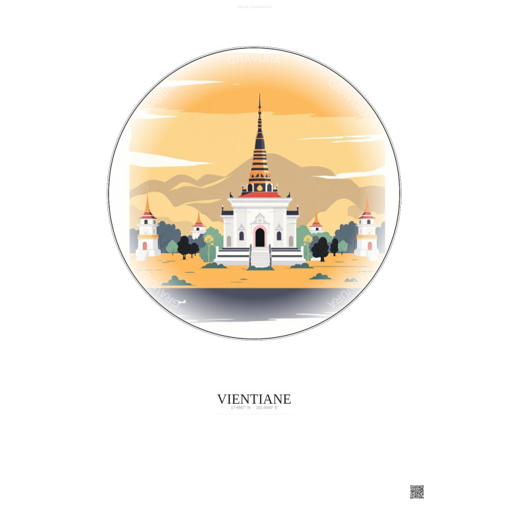 Vientiane Vintage Travel Poster – Wat Si Muang | Gravura – Light background