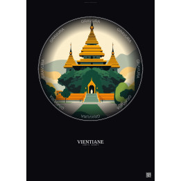 Affiche Vientiane – Poster illustration vintage – Wat Si Saket | Gravura – Fond foncé