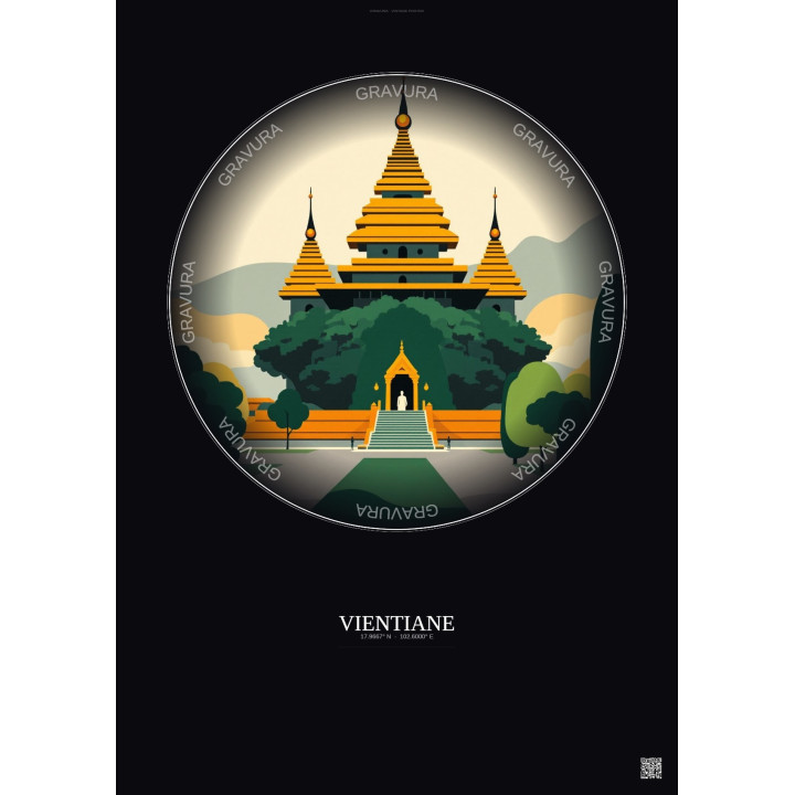 Affiche Vientiane – Poster illustration vintage – Wat Si Saket | Gravura – Fond foncé
