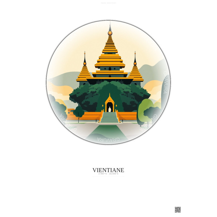 Affiche Vientiane – Poster illustration vintage – Wat Si Saket | Gravura – Fond clair