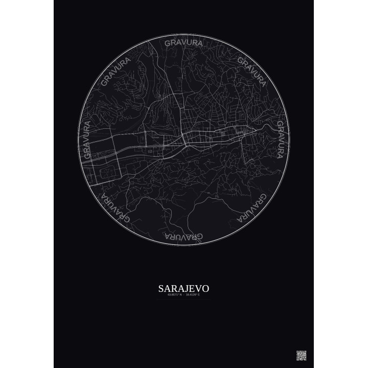 Affiche Sarajevo – Poster carte de ville 2.5km | Gravura – Fond foncé