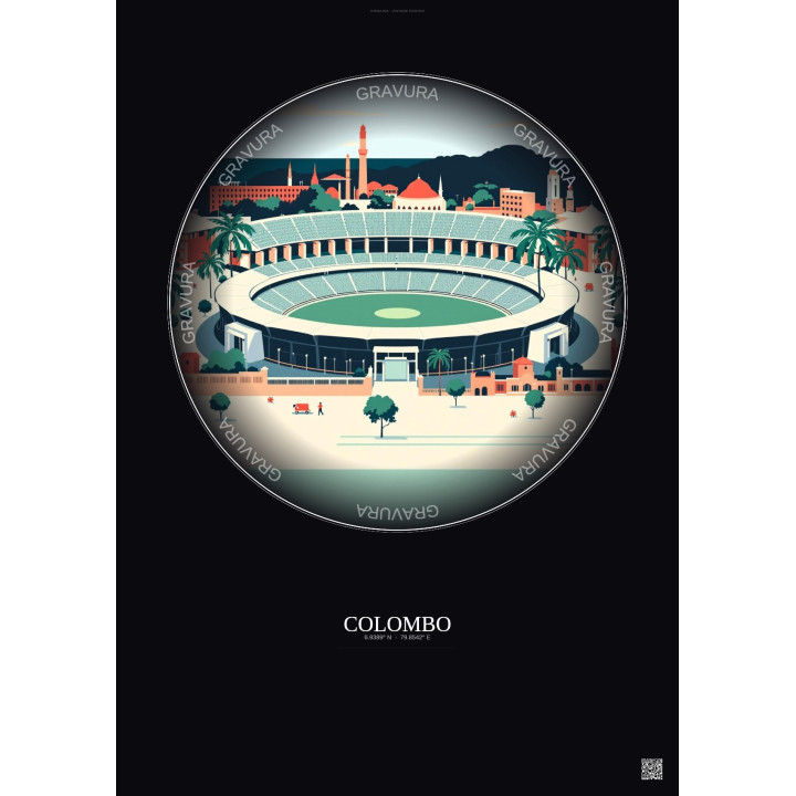 Affiche Colombo – Poster illustration vintage – R Premadasa Stadium | Gravura – Fond foncé