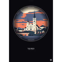 Vilnius Vintage Travel Poster – Vilnius Cathedral | Gravura – Dark background