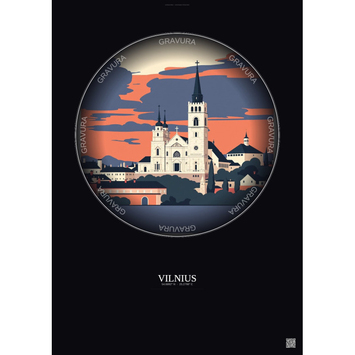 Vilnius Vintage Travel Poster – Vilnius Cathedral | Gravura – Dark background