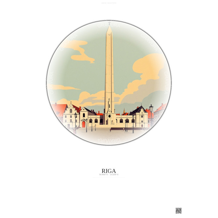 Affiche Riga – Poster illustration vintage – Freedom Monument | Gravura – Fond clair